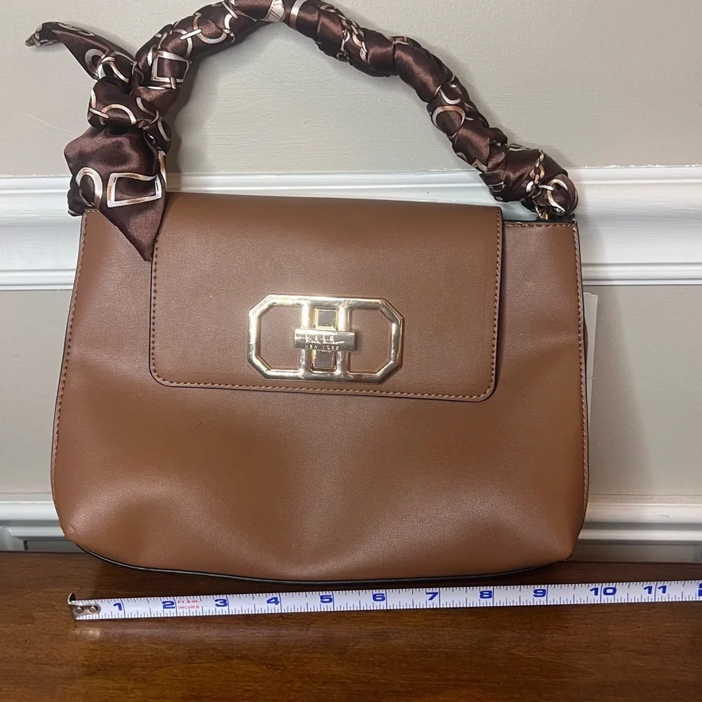 Nicole Miller Brown Tan Satchel Handbag Scarf Handle Gold Hardware NWT